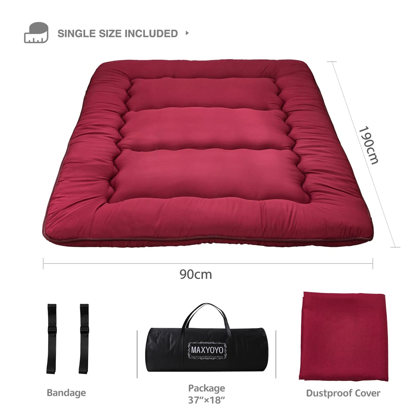 MAXYOYO Japanese Floor Futon Mattress, Thicken Tatami Sleeping Pad Foldable Roll Up Dormitory Mat Pad Floor Lounger Pillow Bed (Burgundy,Single)
