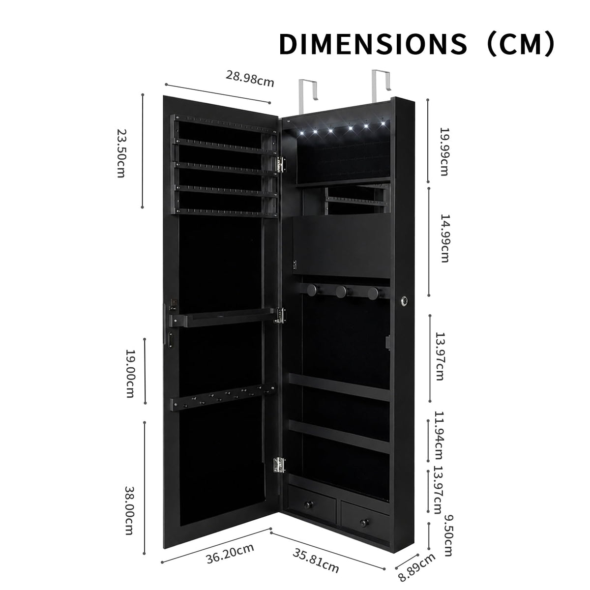AnSafity Lockable Jewelry Cabinet Organizer with Full Length Mirror, 6 Auto LED Lights, Wall & Over Door Mount Jewelry Armoire with Earring Slots