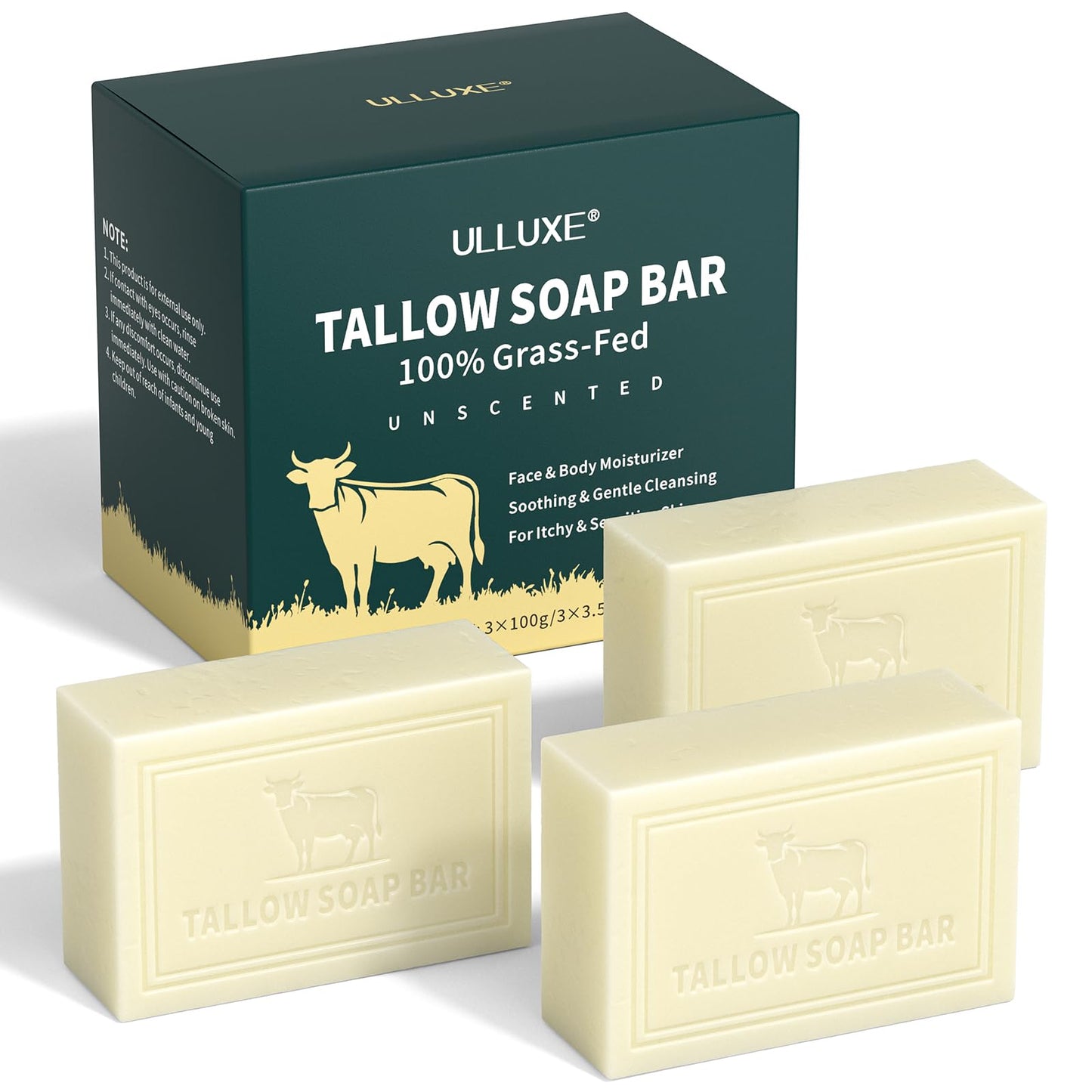 Beef Tallow Soap, All Natural Grass Fed Tallow Soap Bar Unscented, Deep Moisturizing Face & Body Wash Soaps for Dry, Itchy, Sensitive Skin,