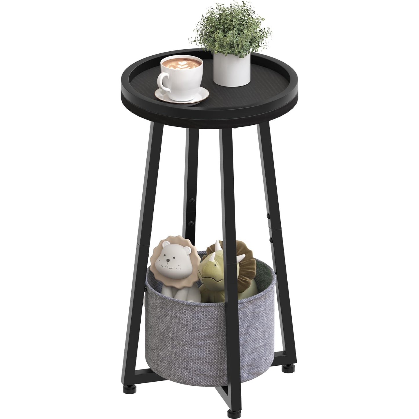 HOOBRO Round Side Table, 2 Tier Sofa Side Table Small Table with Storage Basket, Round Bedside Table, Compact Corner Tables for Small Spaces