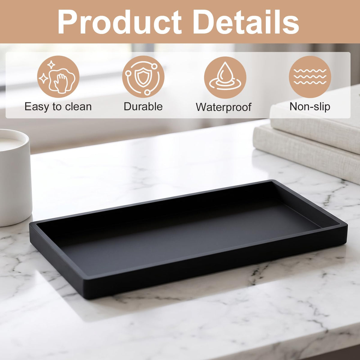 Black Bathroom Tray Organizer, 11.81" X 4.9" Silicone Rectangular Vanity Tray for Sink, Soap Dish & Countertop Storage for Candles, Keys