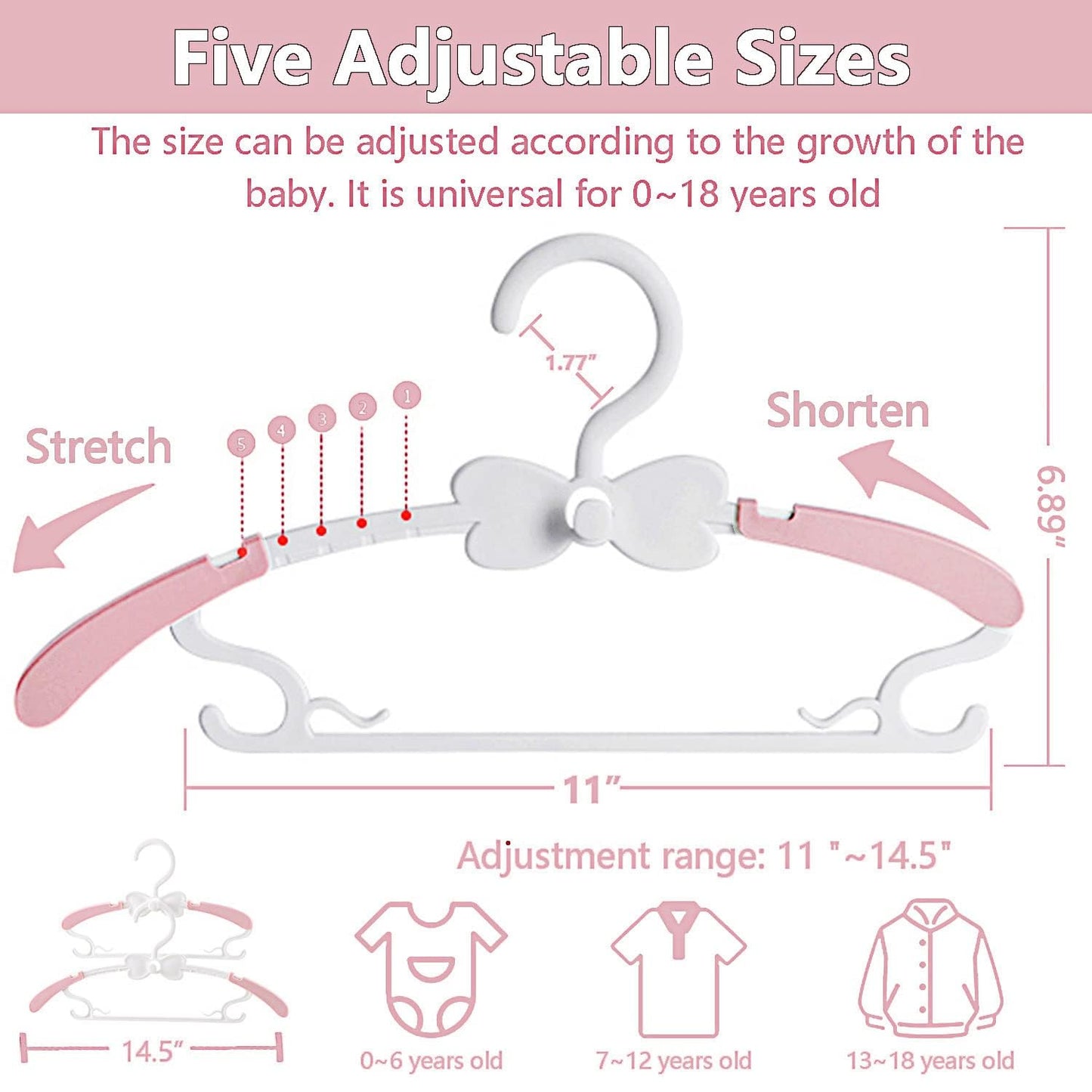 Baby Hangers 20 Pack, Adjustable Kids Hangers with Stackable Hooks Pink