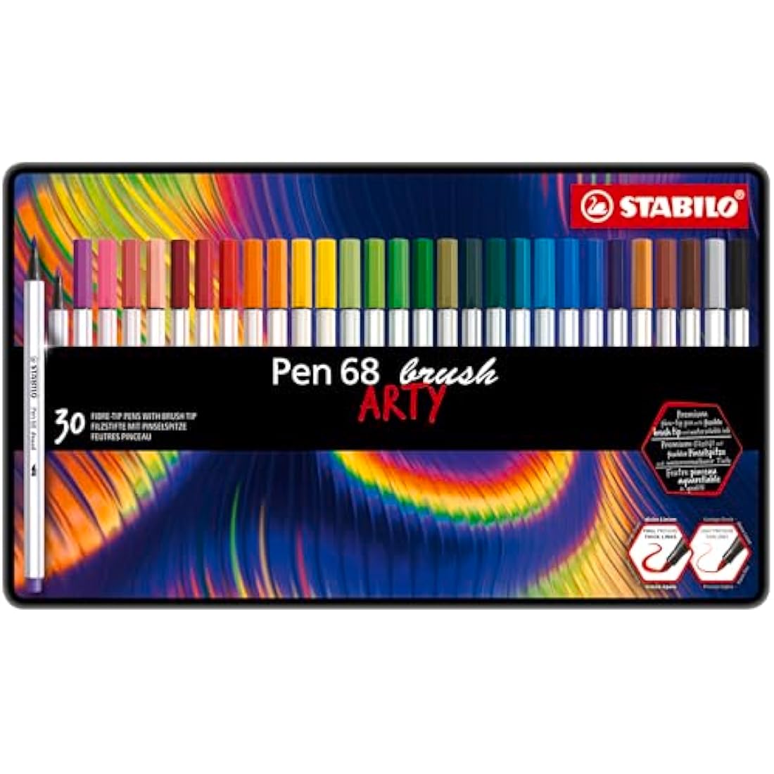 STABILO Pen 68 brush - Premium Fibre-Tip Pen with Brush Tip - ARTY - Tin of 30 - Assorted Colours