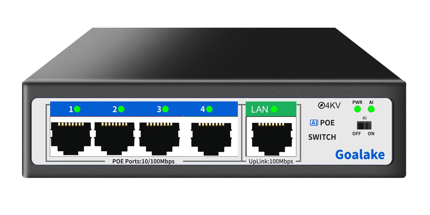 Goalake PoE+ Switch 5 Port 100Mbps?4 PoE Ports +1 Uplink), 802.3af/at, 52W for all PoE Ports, AI Extended to 250m, Ideal for IP Surveillance and