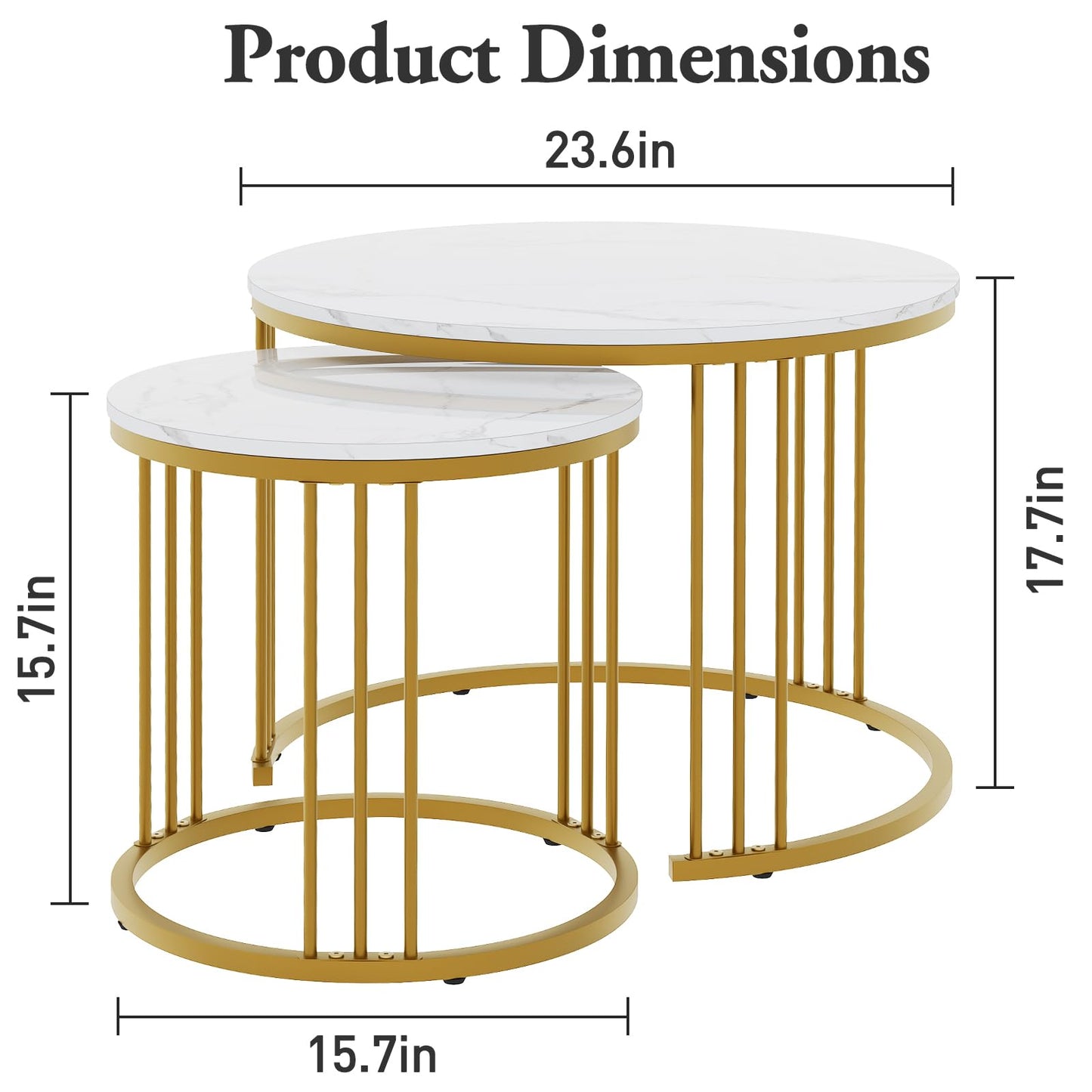Round Coffee Tables, Set of 2 End Table, Nesting Tables, Side Table with Metal Frame for Living Room/Bedroom/Balcony/Office/Apartment
