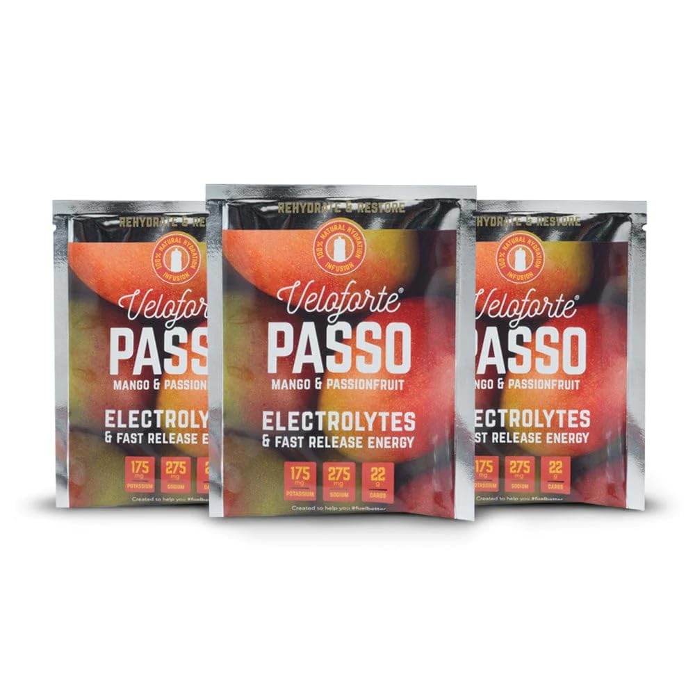 Veloforte Passo Natural Electrolyte Powder, Fast-Release Electrolytes & Energy for Hydration & Performance, Mango & Passionfruit Flavour, Perfect for