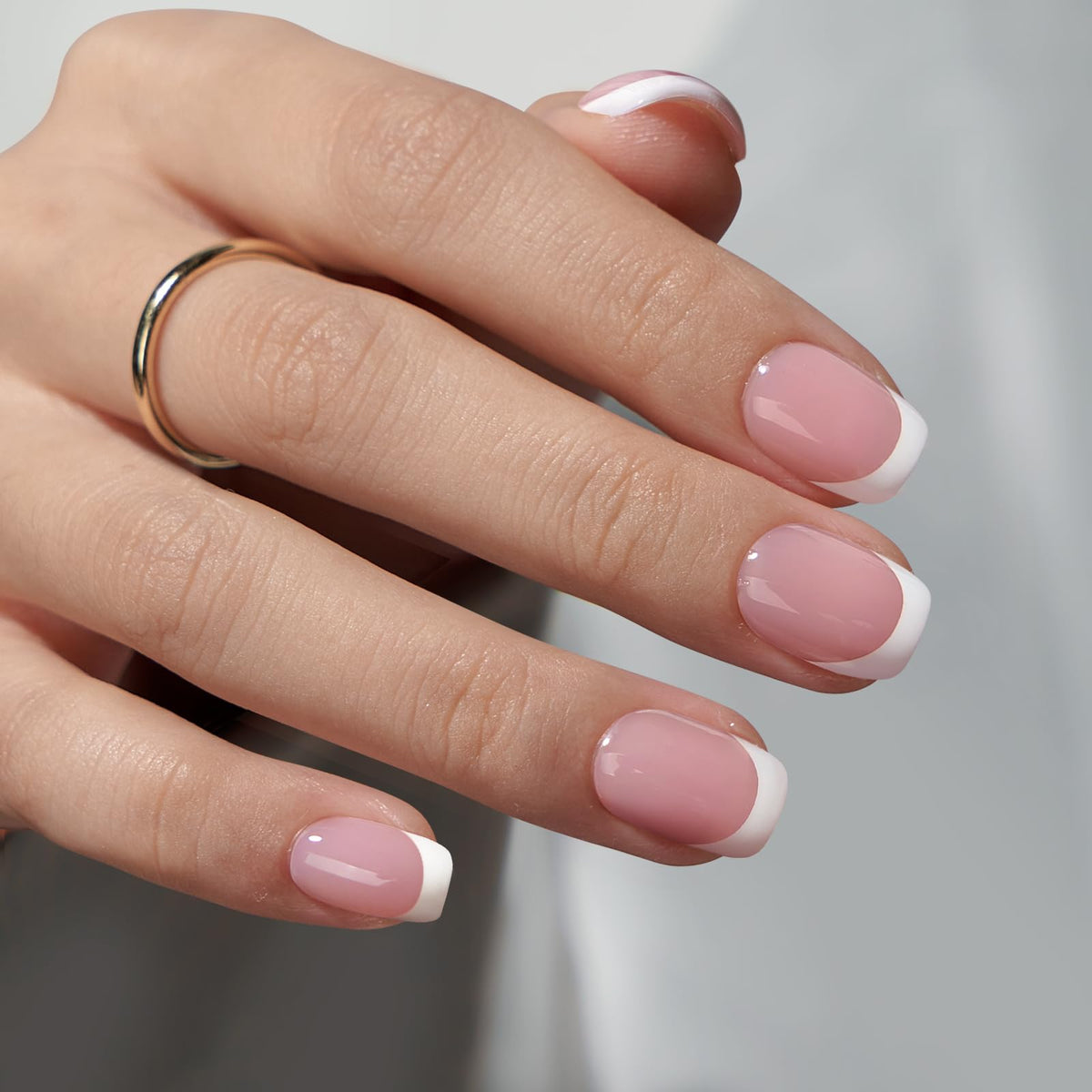 BTArtbox Press On Nails Short - Square French Tip False Nails with Nail Glue, Natural Reusable Stick On Nails in 15 Sizes 30 Fake Nail Kit, Silken
