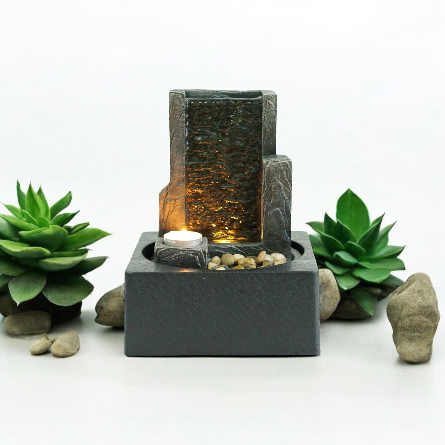 Water Feature Indoor Outdoor LED Fountain - Serene Waterfall Garden Decor in Polyresin, Weather Resistant Design with Pump & LED Light for Relaxation (LED Rectangle Waterfall)