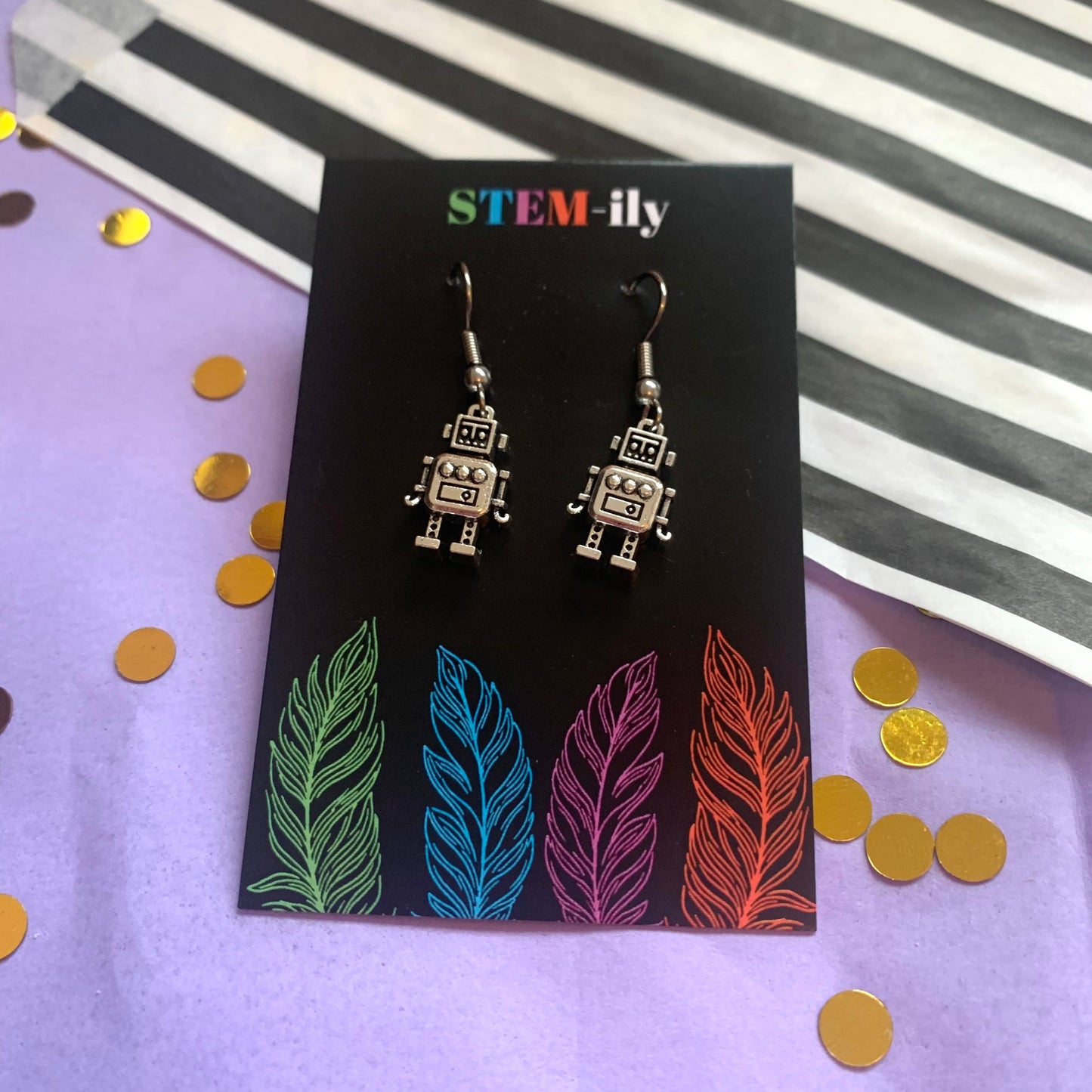 Silver robot drop dangle earrings on hypoallergenic surgical steel hooks
