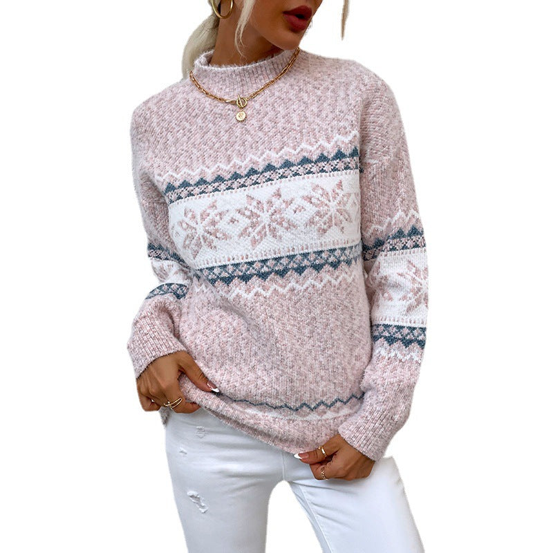 Winter Snowflake Sweater Fashion Half Turtleneck Pullover Knitted Tops Women's Christmas Clothing