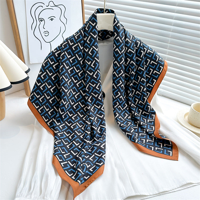 Women's Premium Twill Silk Scarf, Large Printed 90/90cm Striped Square Scarf