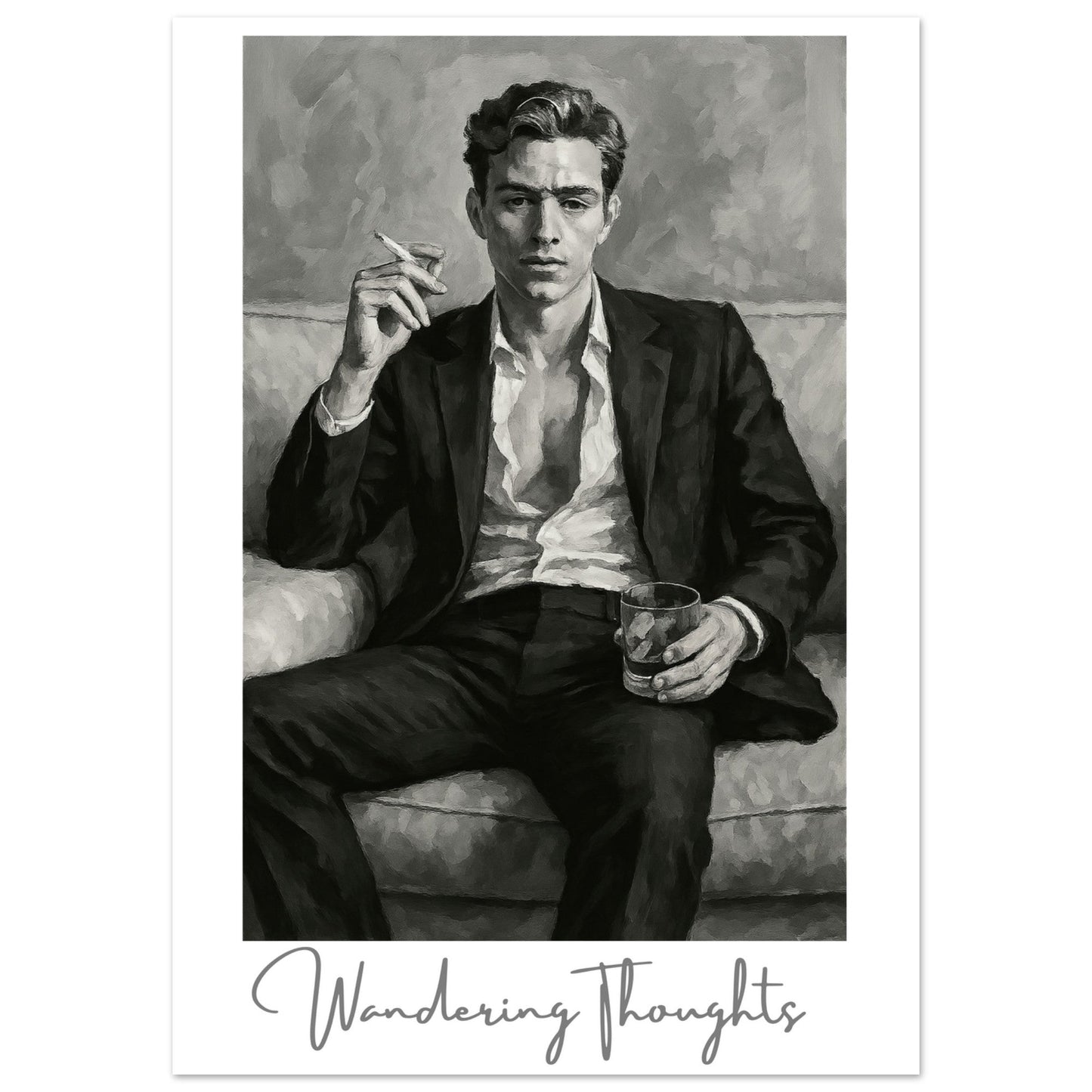 Contemplative Mood Poster. Stylish Man with Whiskey & Cigarette - Retro Decor