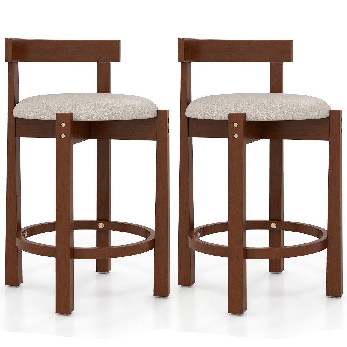 62cm Counter Height Bar Stools Set of 2 with Backrests and Footrests-Beige