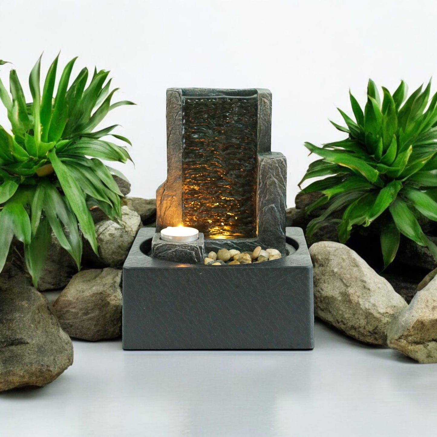 Water Feature Indoor Outdoor LED Fountain - Serene Waterfall Garden Decor in Polyresin, Weather Resistant Design with Pump & LED Light for Relaxation (LED Rectangle Waterfall)