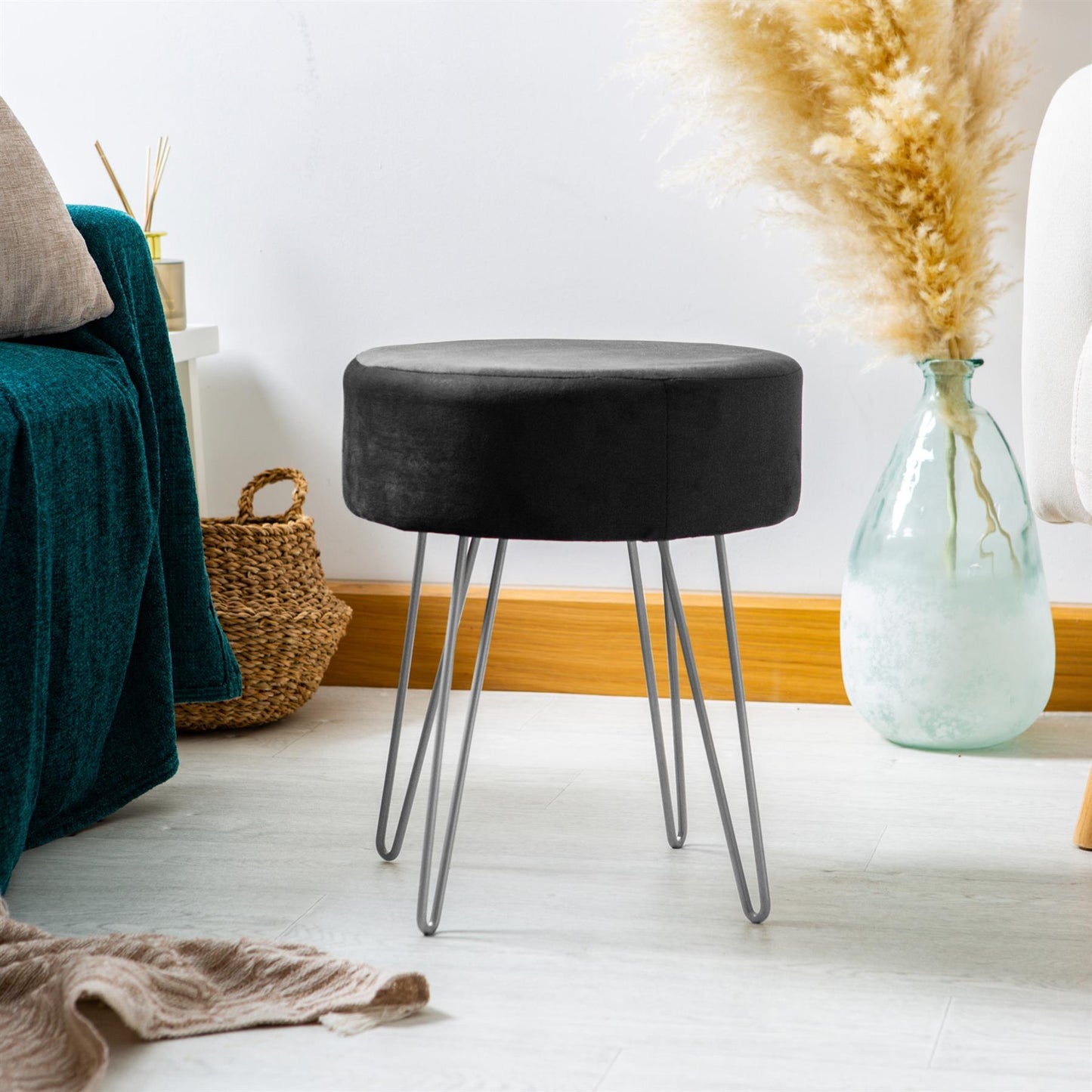 Black Round Velvet Footstool