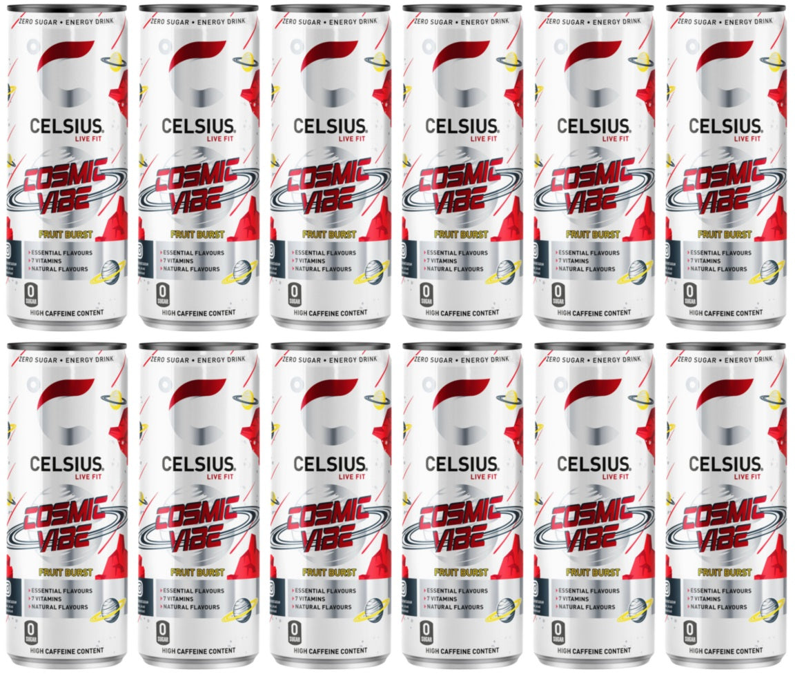 12 x Celsius Cosmic Vibe Zero Sugar Fruit Burst Energy Drink 355Ml
