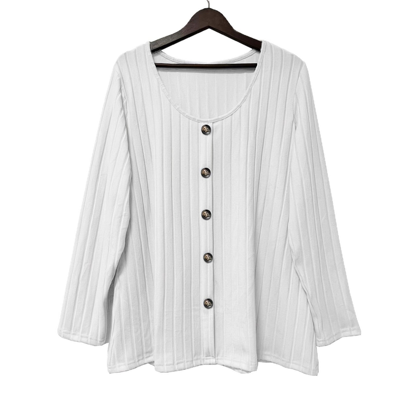 Ribbed Crew Neck Button-down Casual Long Sleeve