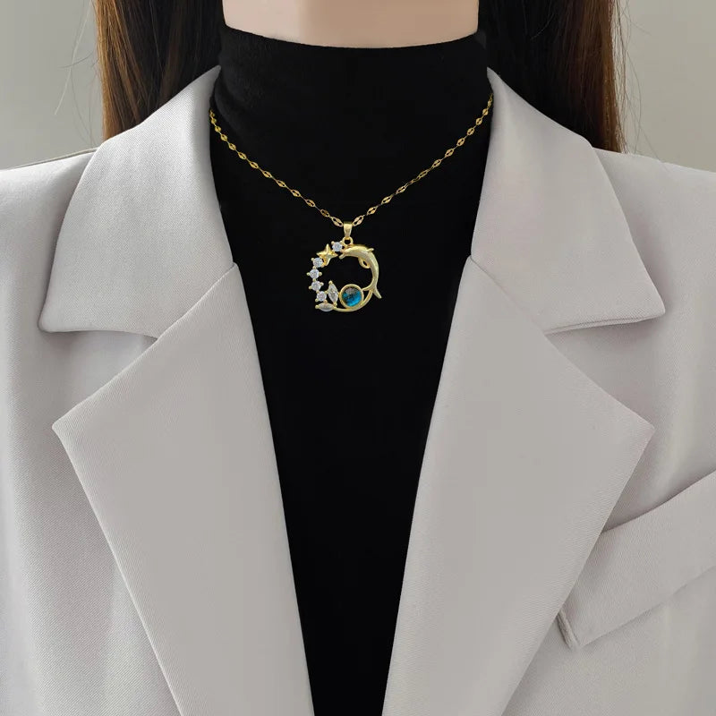 ZAKOL Spaceman Astronaut Star Necklaces For Women Girls Gold Color Planet Moon Pendant Clavicle Chain Choker Jewelry Gifts