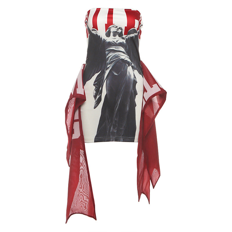 Fitted Waist Elegant Letter-printed Tube Top Mini Dress