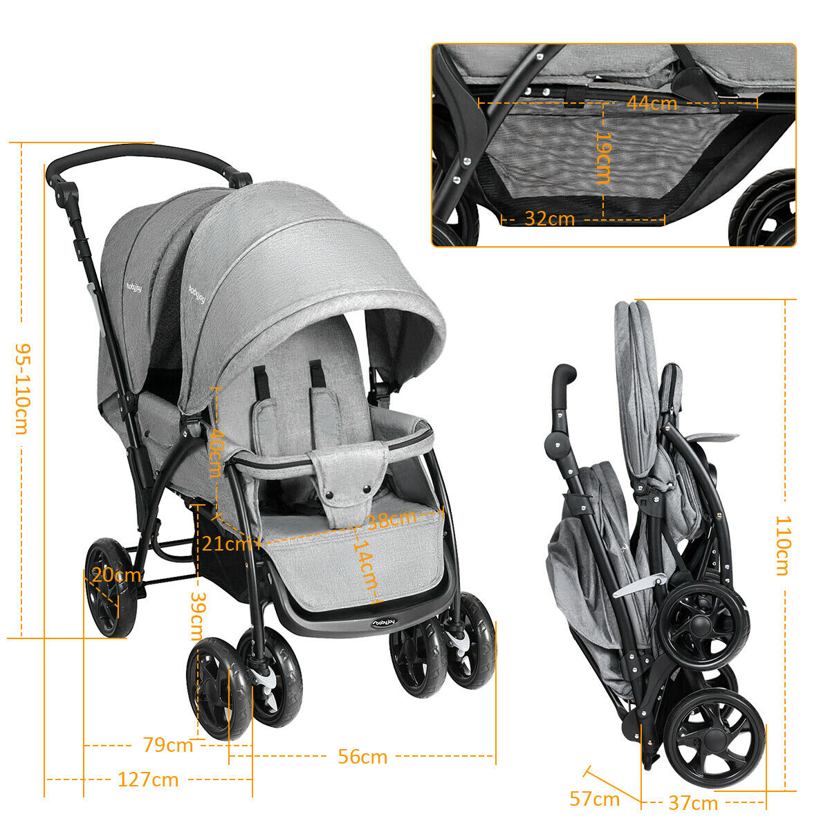 Double Pushchair with Adjustable Backrest and Sunshade-Blue
