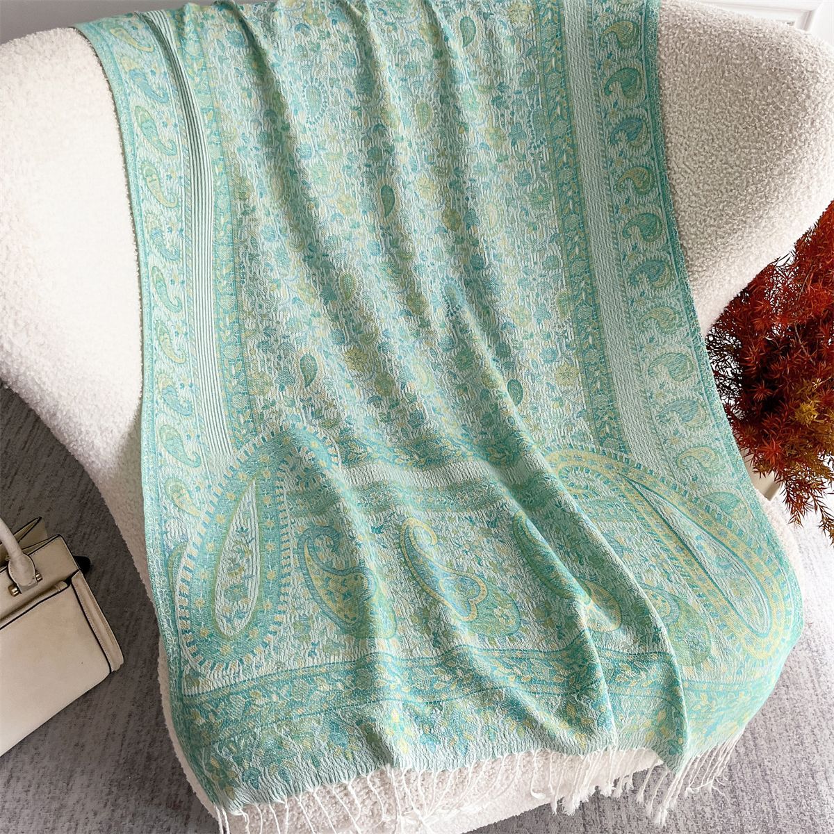 Cashew Jacquard Faux Cashmere Shawl – Vintage Tassel Detail