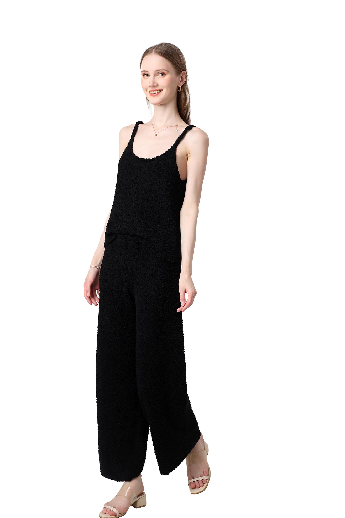 Women's Plush Two-piece Jumpsuit, Short-sleeved Bandeau Top, Wide-leg Pants, Eye-catching Outfit