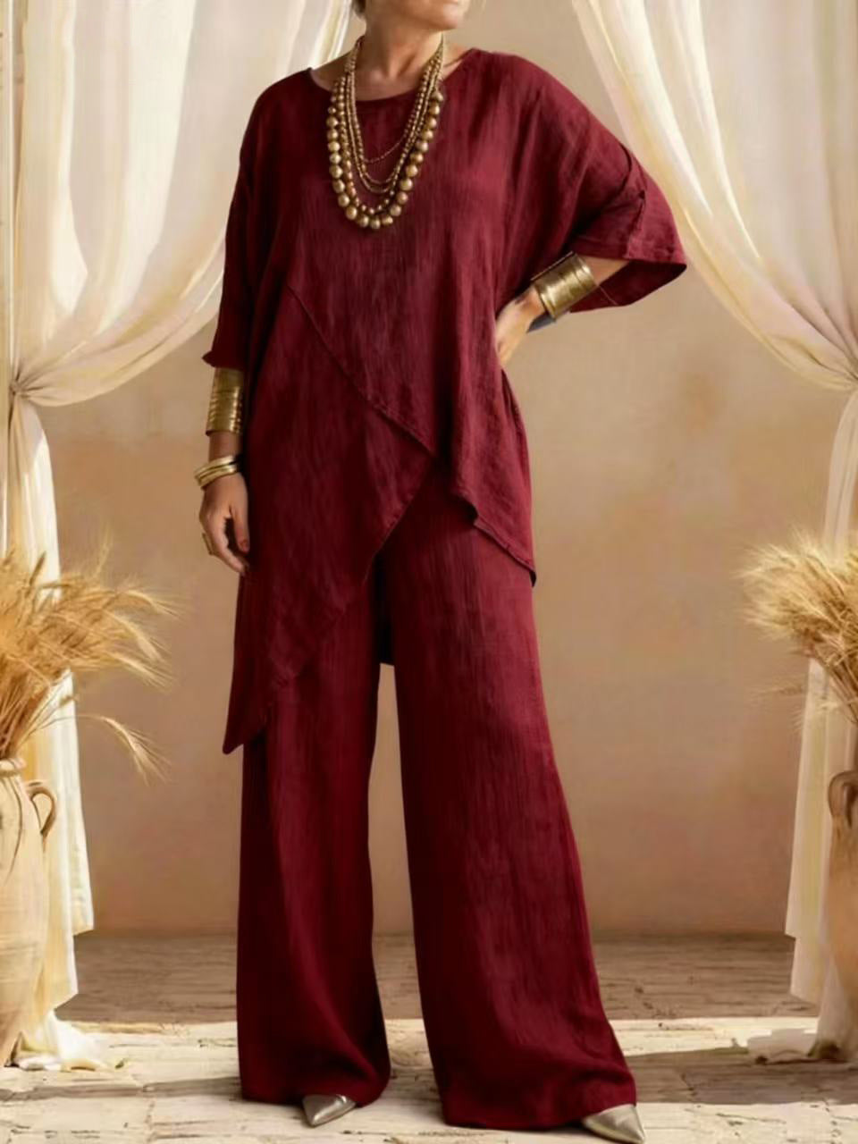 Womens Cotton-linen Crew-neck Loose Casual Two-pieces Set