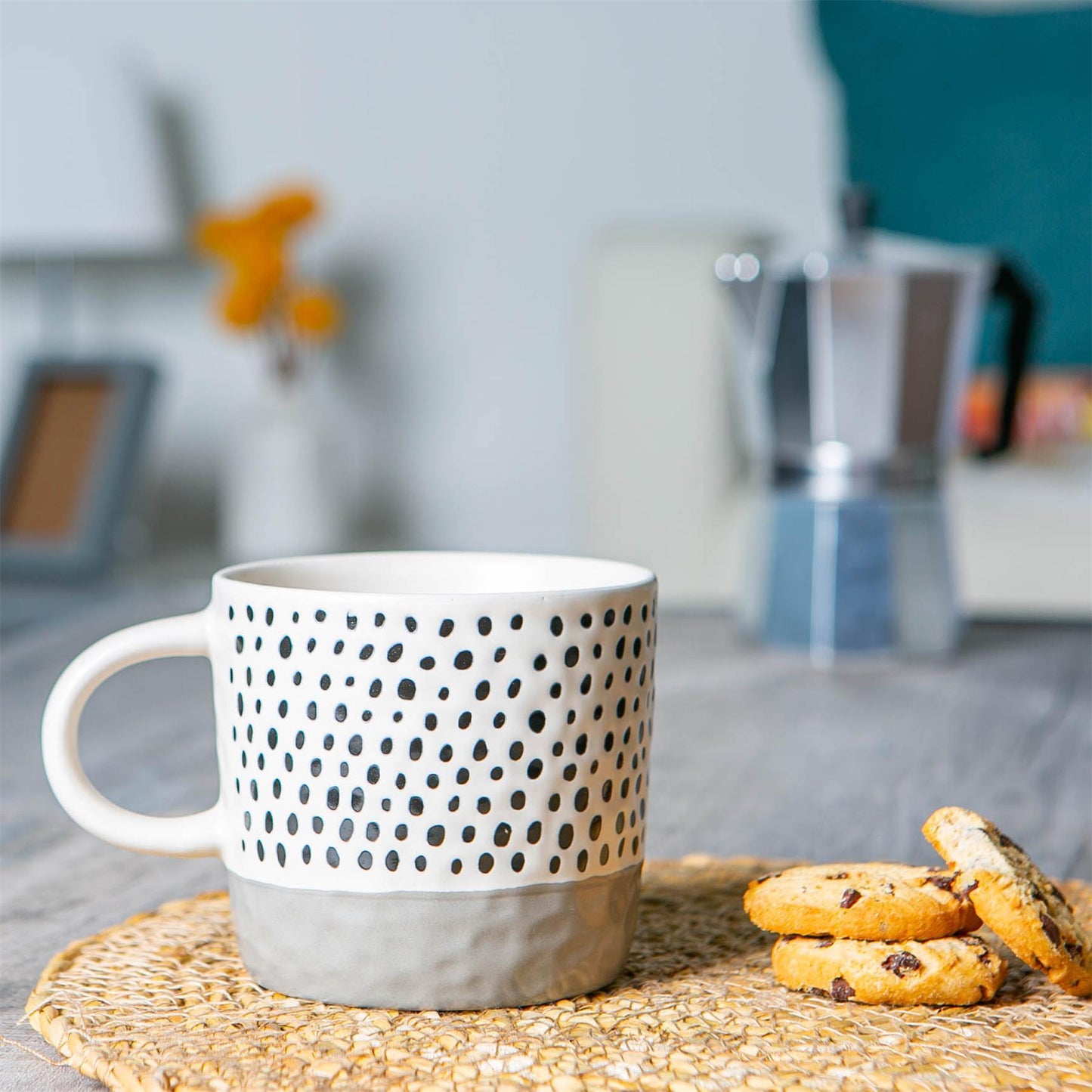 385ml Grey Colour Block Spot Portuguese Stoneware Coffee Mug