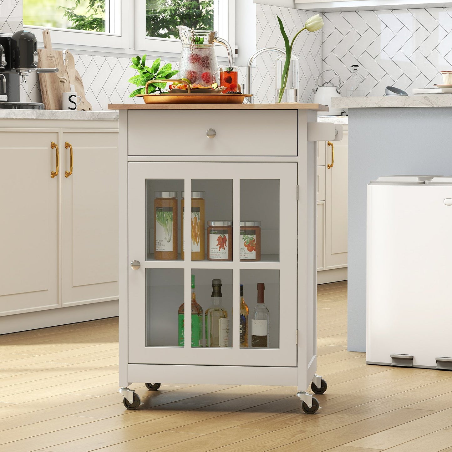 65 CM Kitchen Island Cart Rolling Kitchen Cabinet with Rubber Wood Tabletop-White