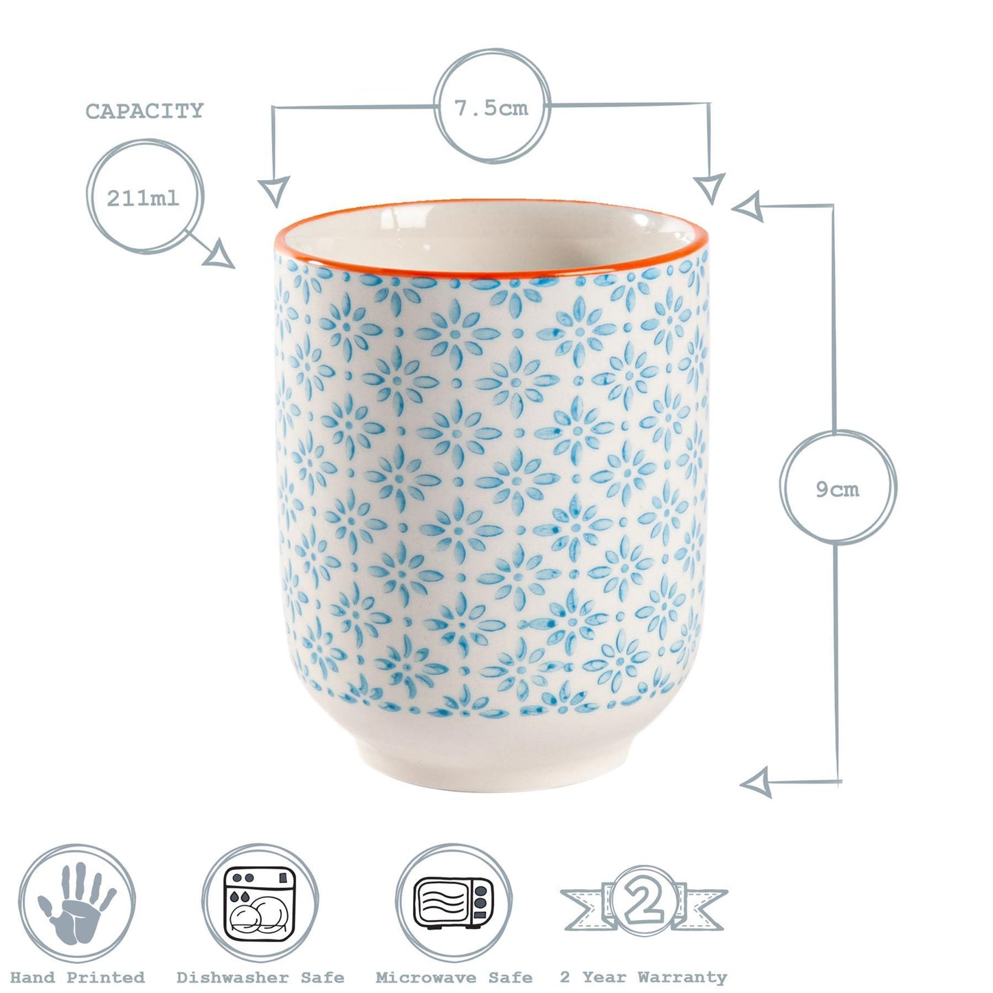 280ml Blue Hand Printed Stoneware Tumblers - Pack of Six