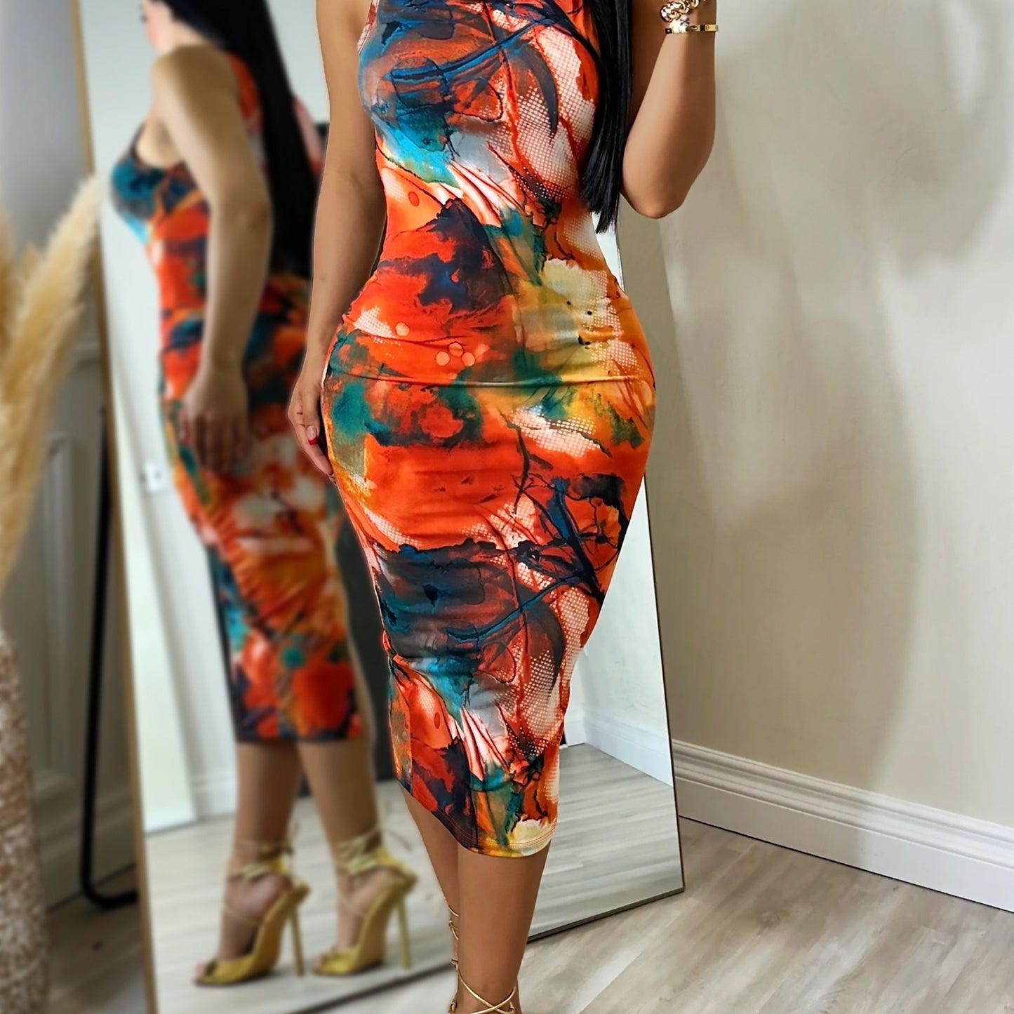Graffiti Print Bodycon Over Knee Split Dress, Elegant Crew Neck Sleeveless Dress