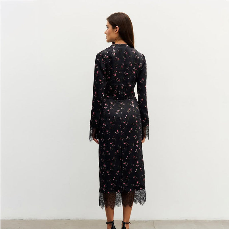 Women's Fashionable Printed Long-Sleeve Lace-Patchwork Skirt Set