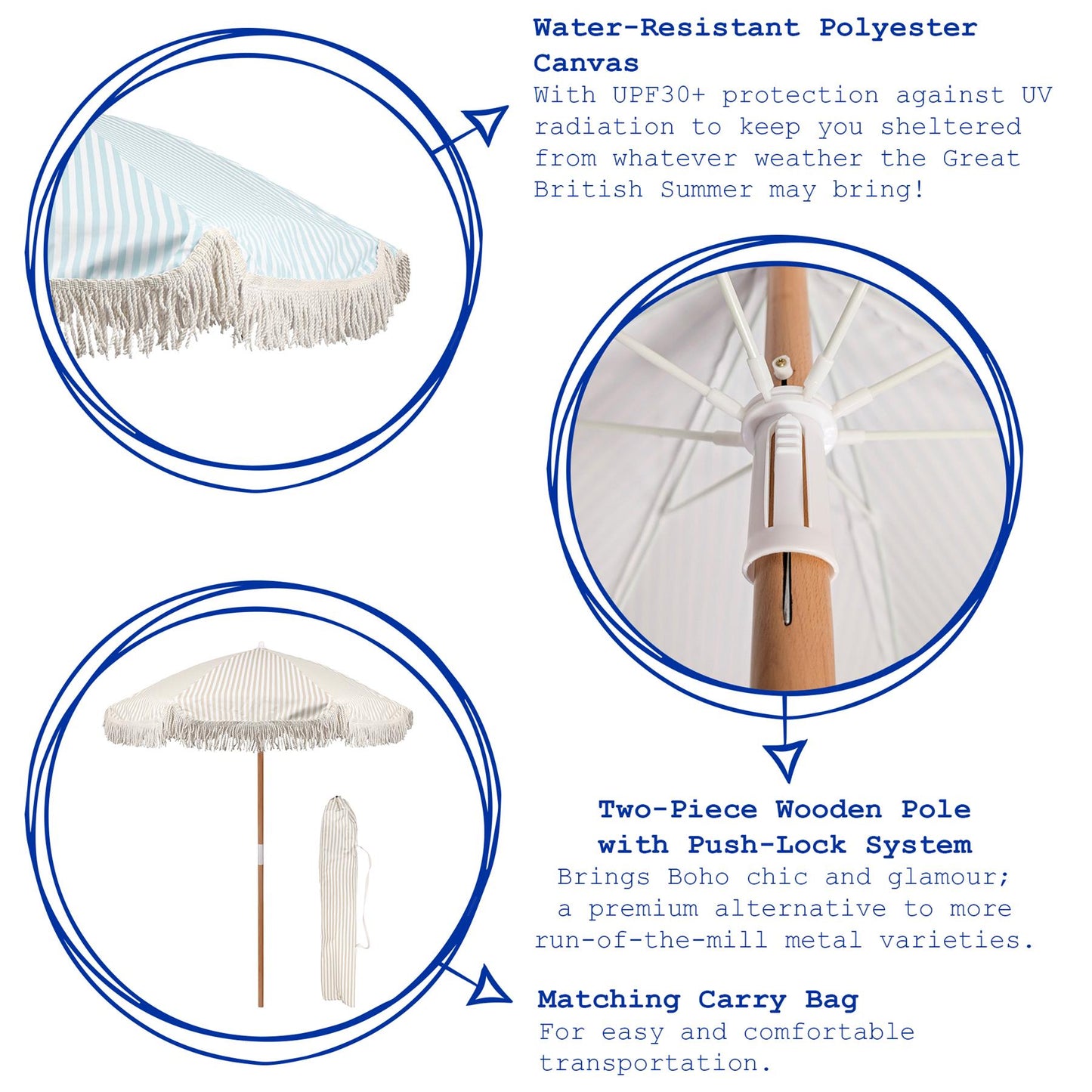 1.4M Wooden Garden Parasol with Tassel Fringe