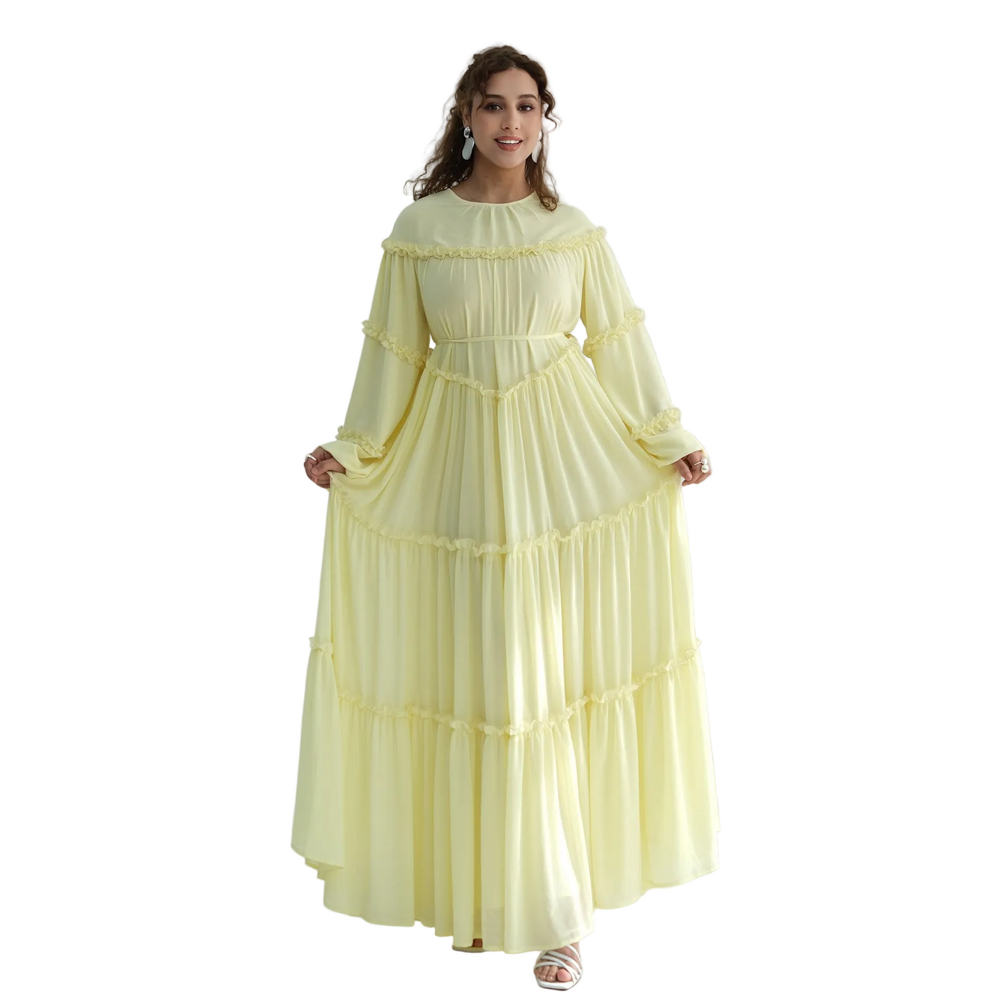 Lace-Trimmed Tiered Modest Dress - Long Sleeve A-Line Maxi