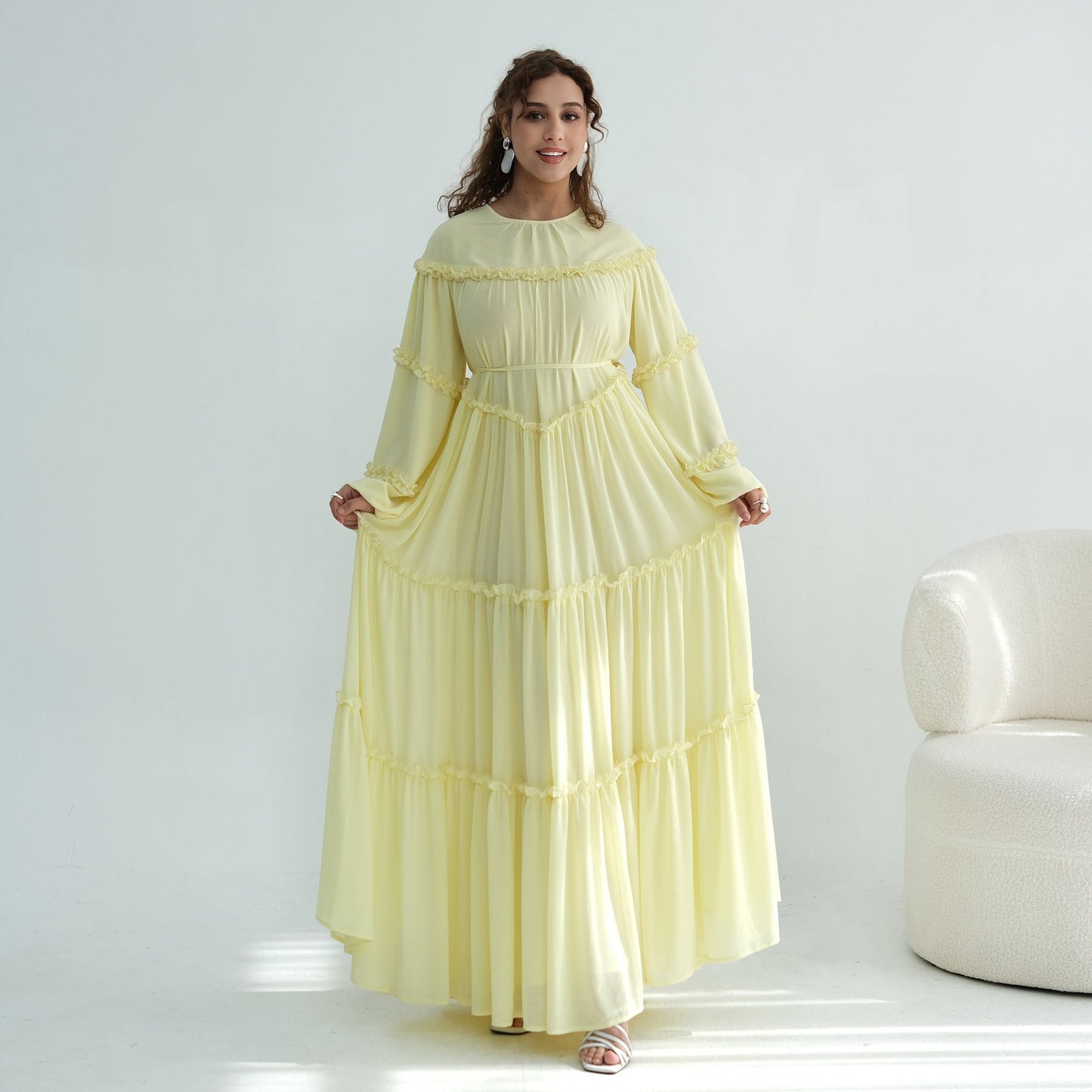 Lace-Trimmed Tiered Modest Dress - Long Sleeve A-Line Maxi