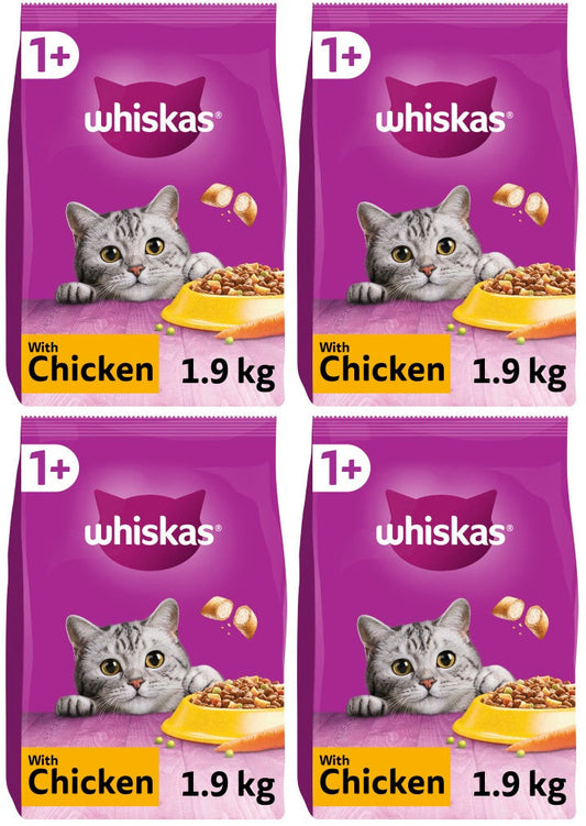 4 x Whiskas 1+ Chicken Adult Dry Cat Food 1.9Kg