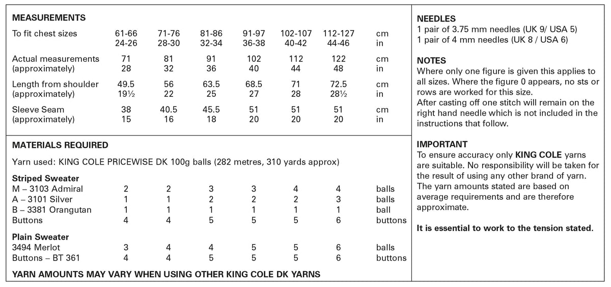 King Cole Mens & Boys DK Knitting Pattern Striped or Plain Sweater (5939)