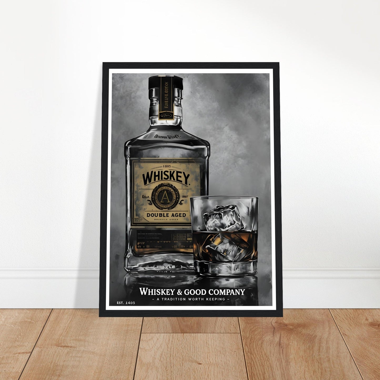 Noir Whiskey Bottle Framed Poster – Sophisticated Wall Art for Home Bars & Lounges