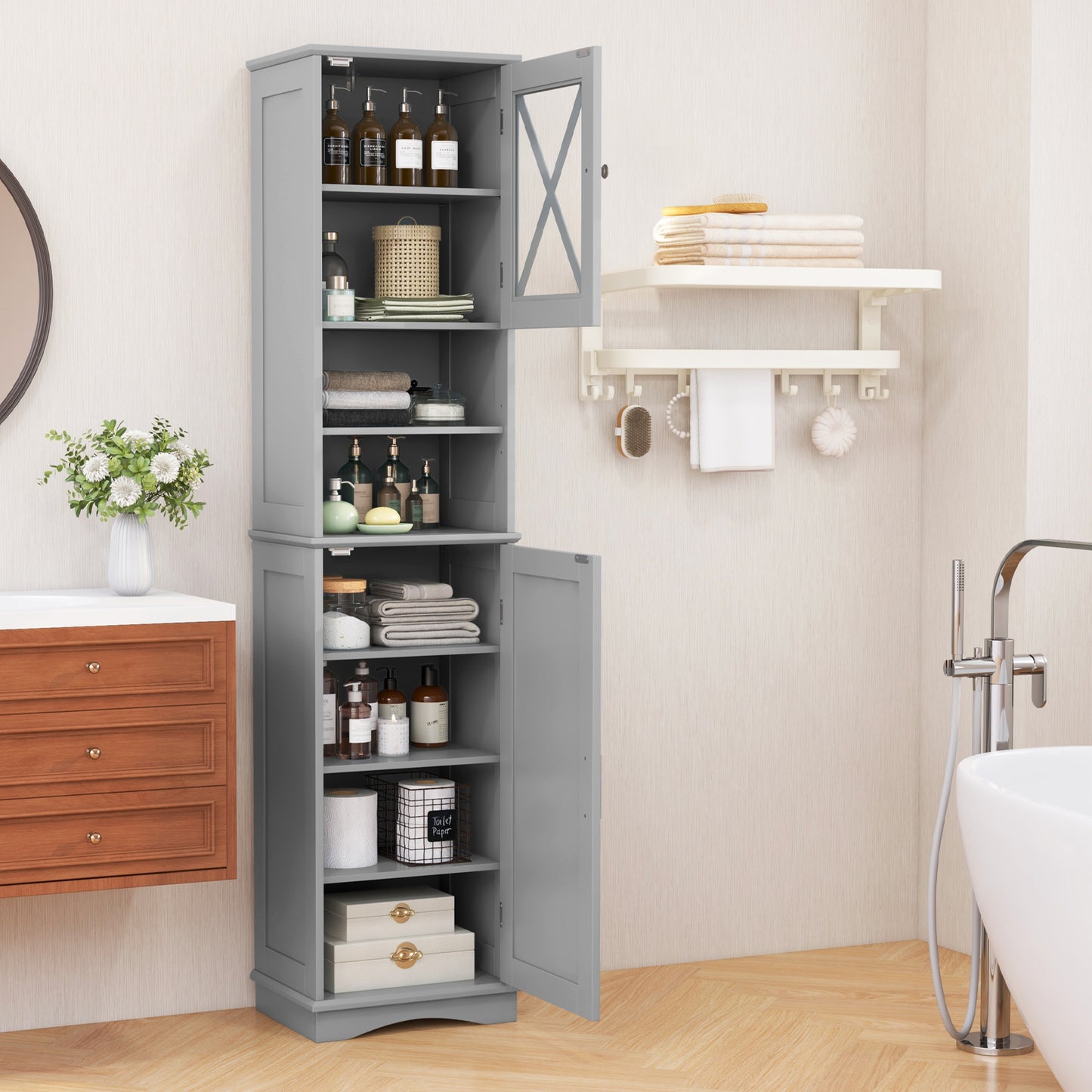 67 Inch Floor Storage Bathroom Cabinet with 5 Adjustable Shelves-Black