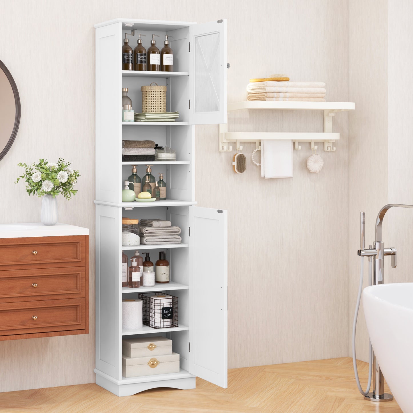 67 Inch Floor Storage Bathroom Cabinet with 5 Adjustable Shelves-Black