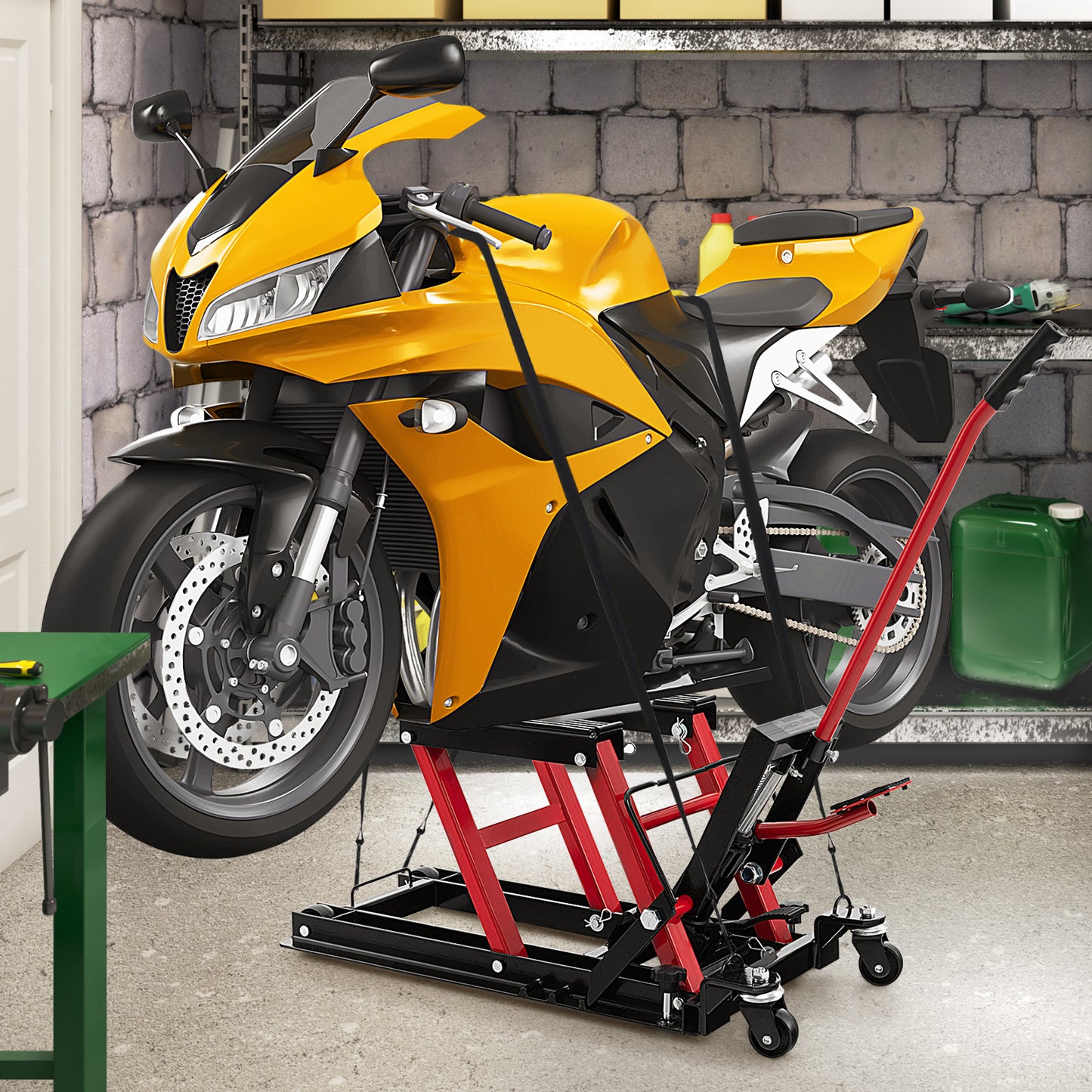 680KG Motorcycle Lift Jack with 4 Wheels and Footplates-Black