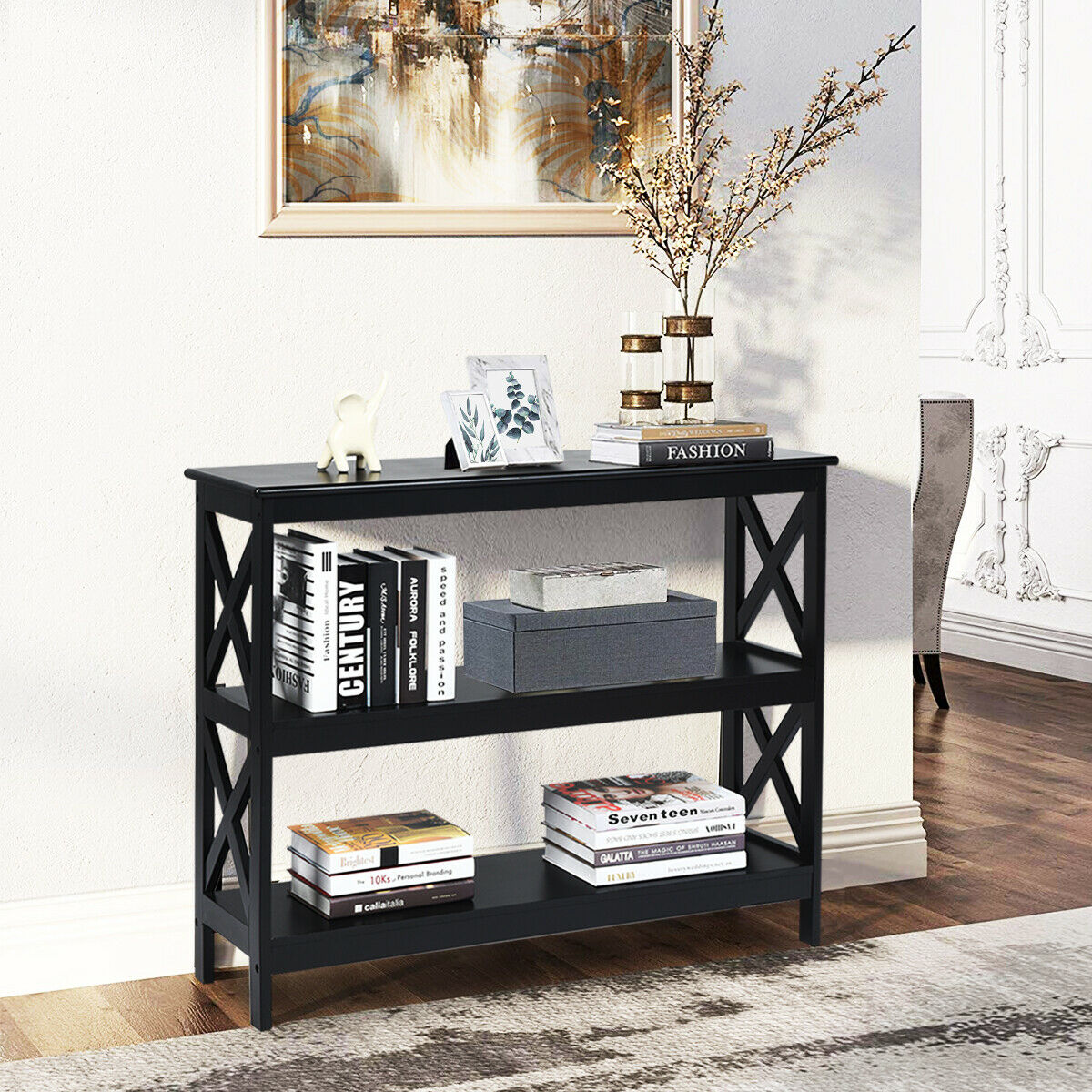 Industrial 3-Tier Console Table with Storage Shelf-Brown