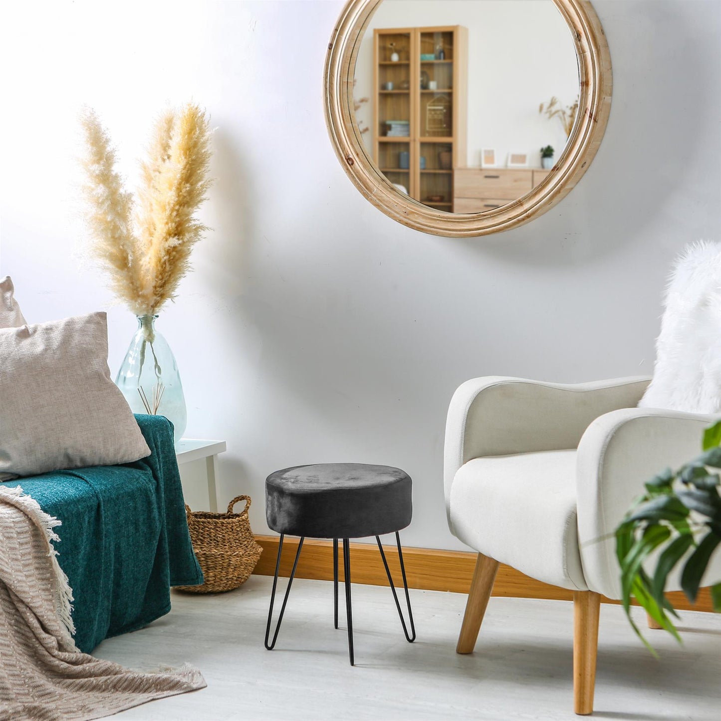 Black Round Velvet Footstool