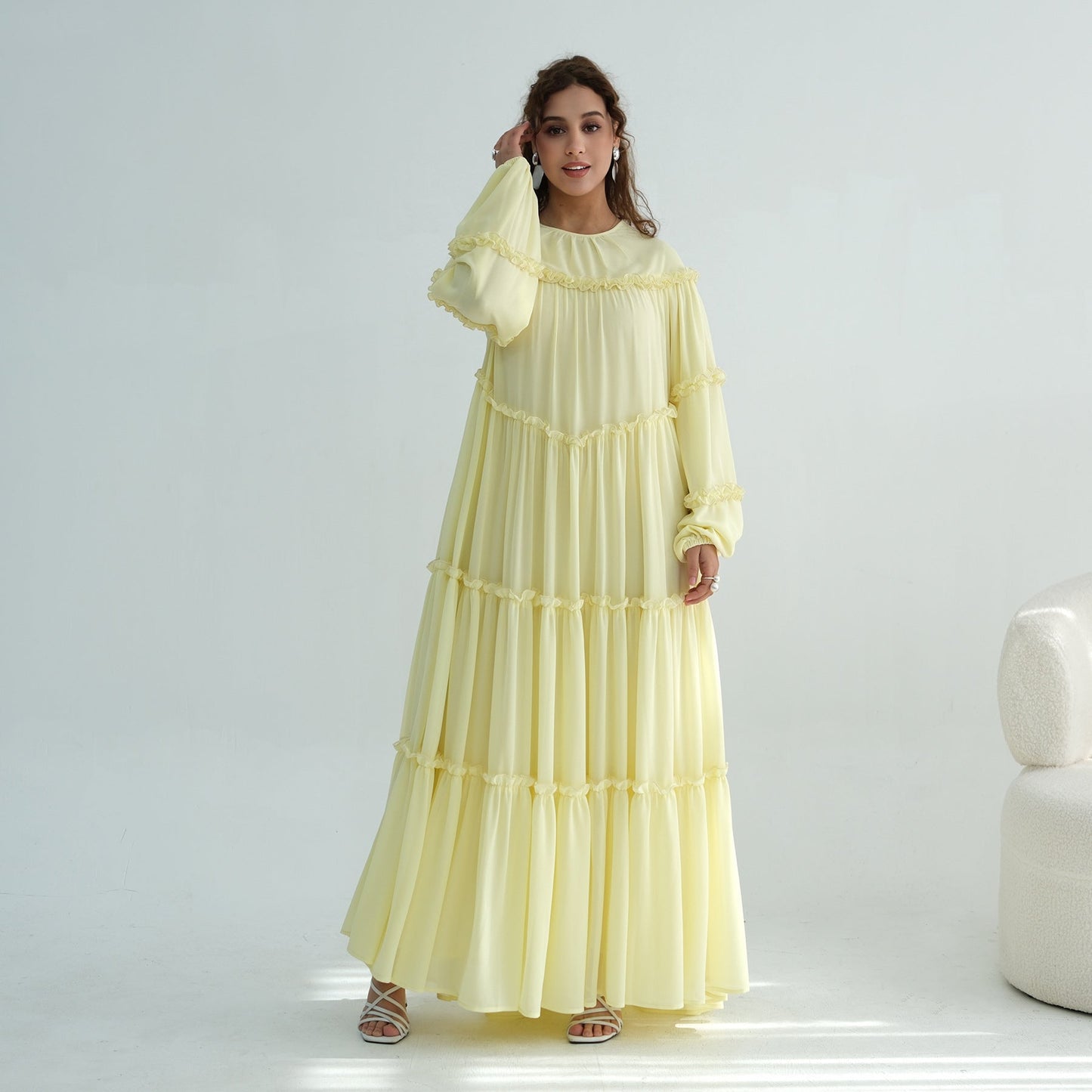 Lace-Trimmed Tiered Modest Dress - Long Sleeve A-Line Maxi