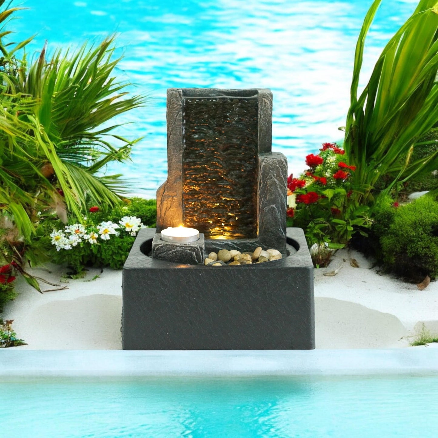 Water Feature Indoor Outdoor LED Fountain - Serene Waterfall Garden Decor in Polyresin, Weather Resistant Design with Pump & LED Light for Relaxation (LED Rectangle Waterfall)