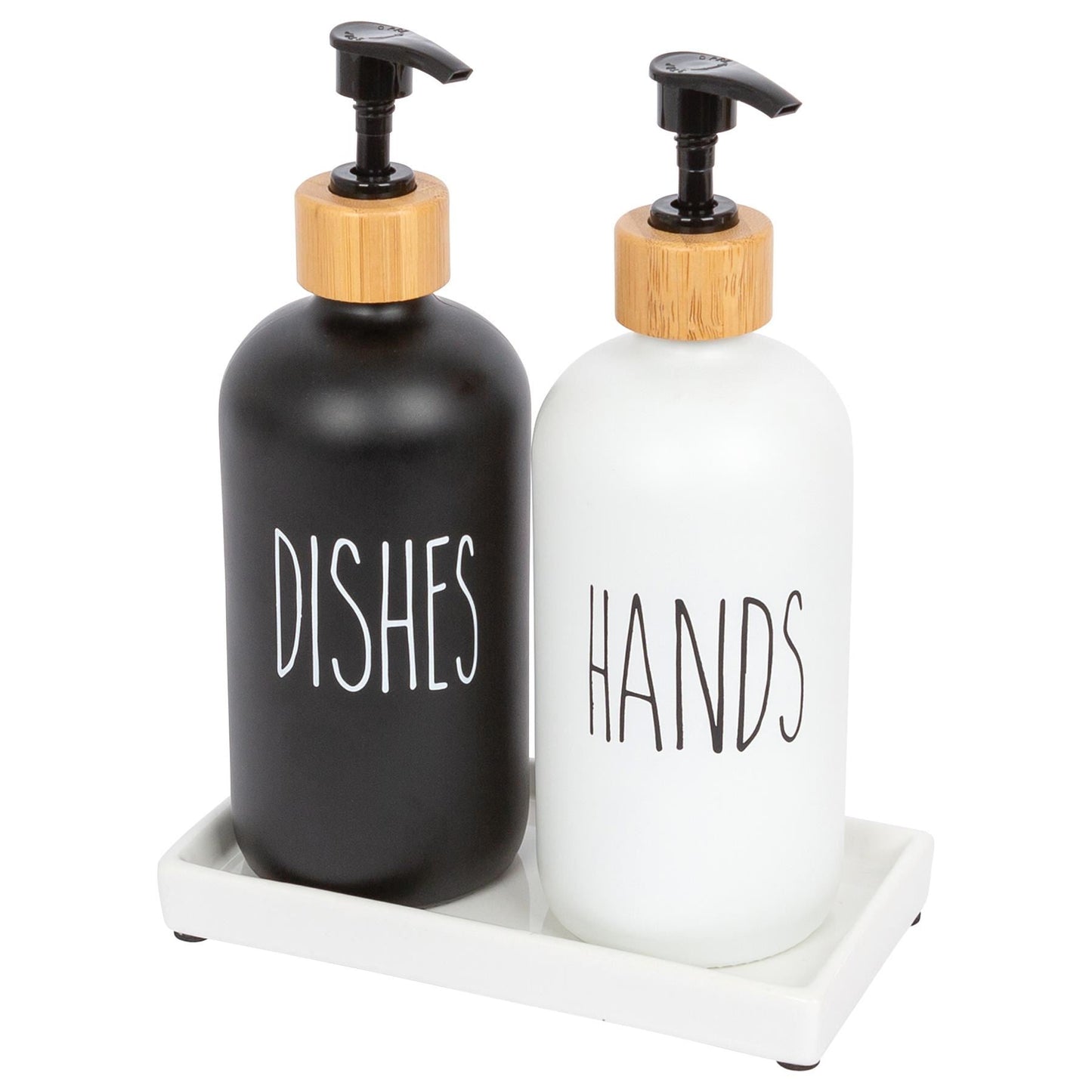 2pc 500ml Black & White Glass Hand & Dish Soap Dispenser Set with Ceramic Tray