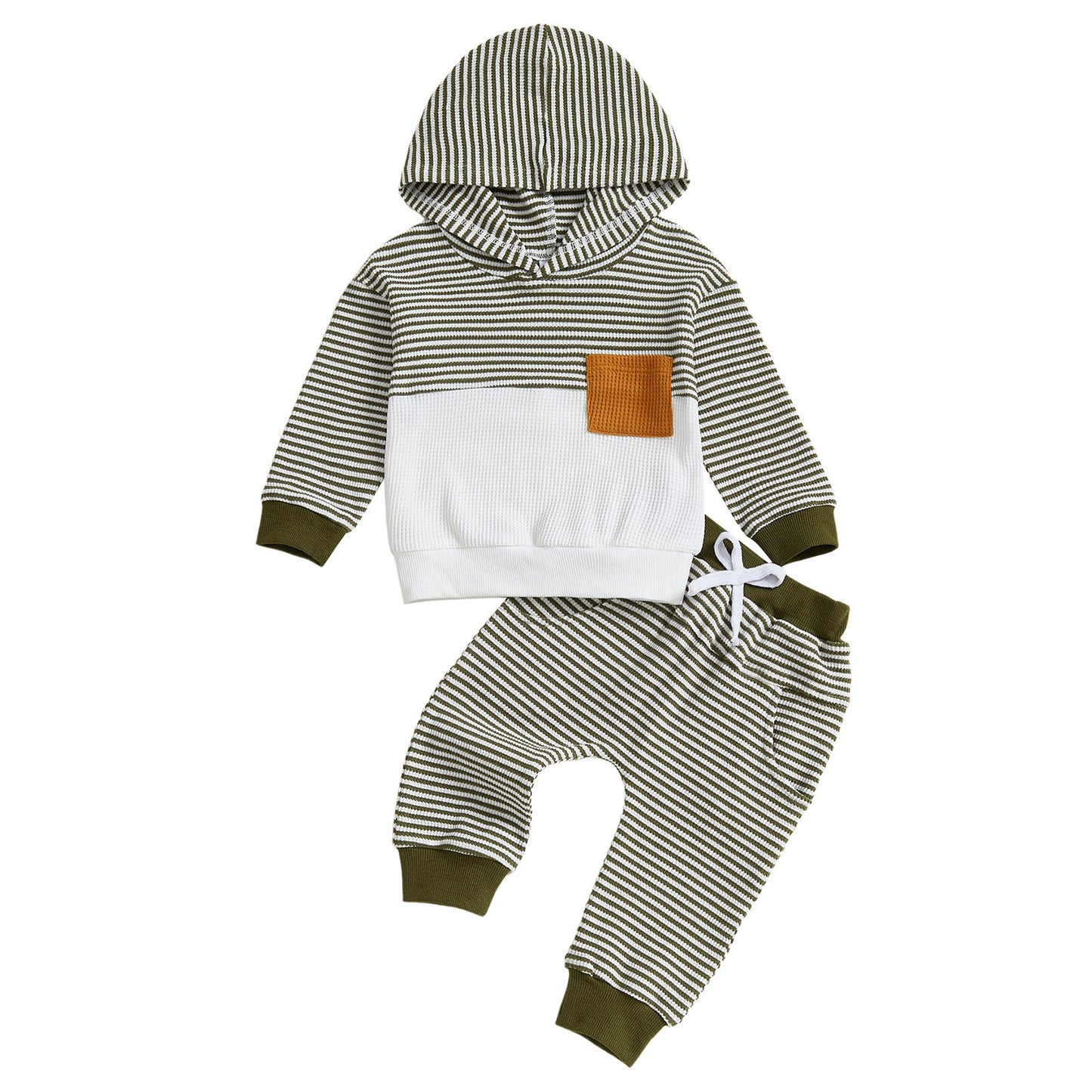 Boys Hooded Long-sleeve Waffle-striped Long-sleeve Pants Set