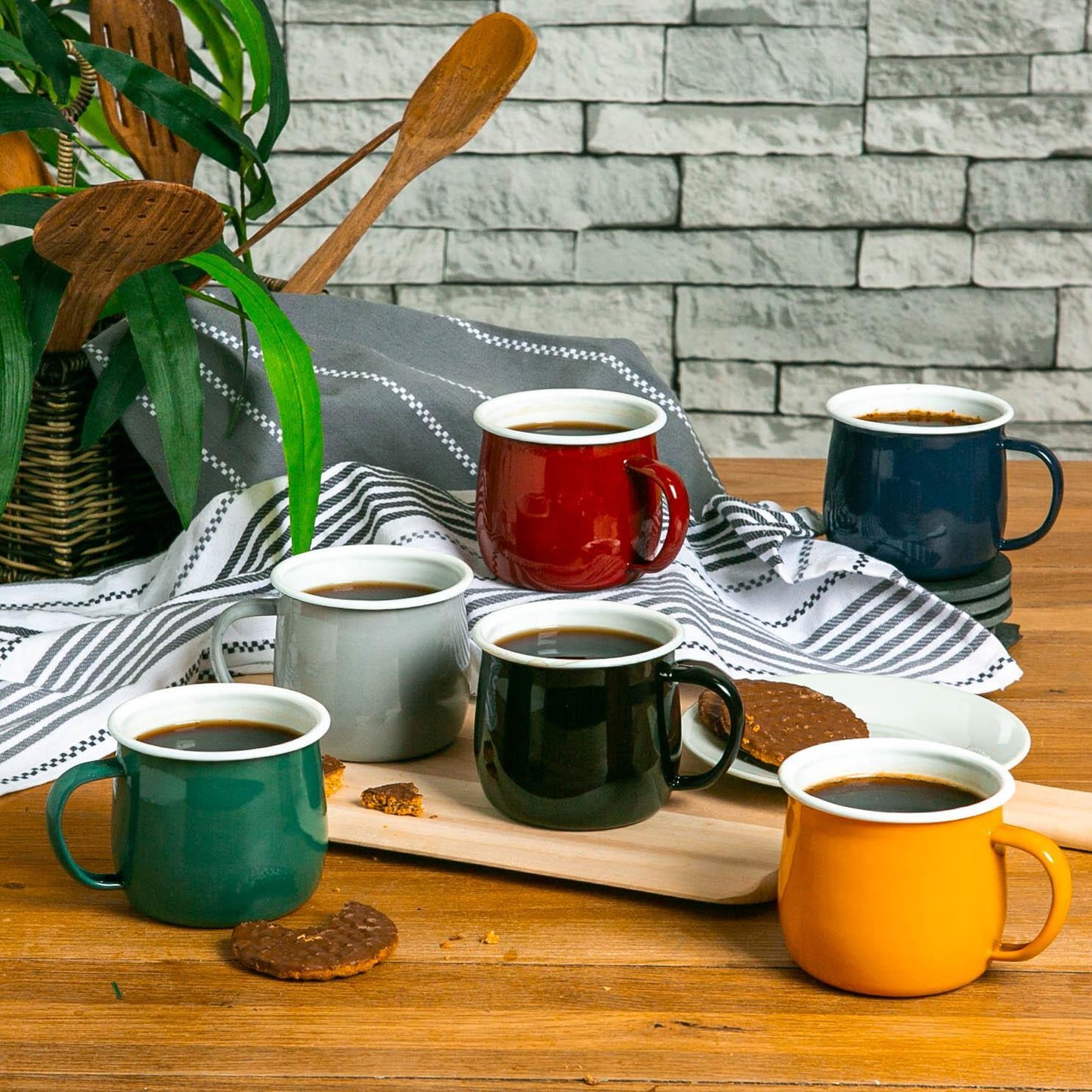 375ml Coloured Enamel Belly Mugs - Pack of Six