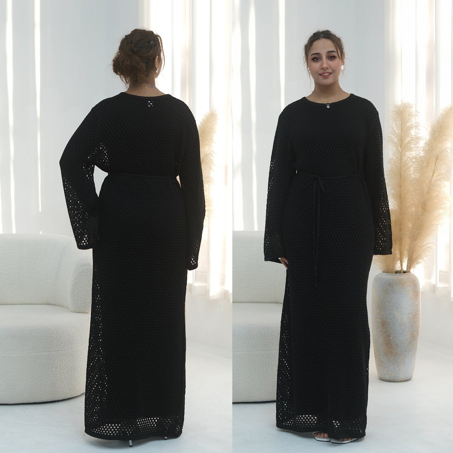 Elegant Hollow-Out Knit Dress - Modest A-Line Long Sleeve