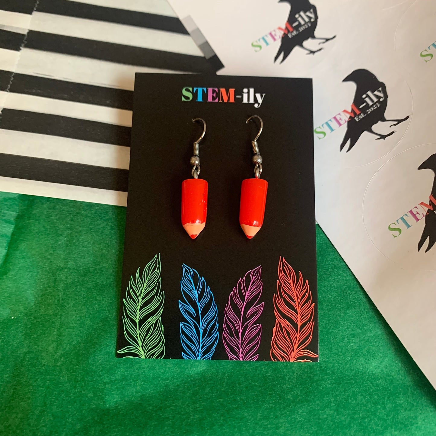 Cute miniature colourful quirky pencil stationary silver earrings on hypoallergenic surgical steel hooks